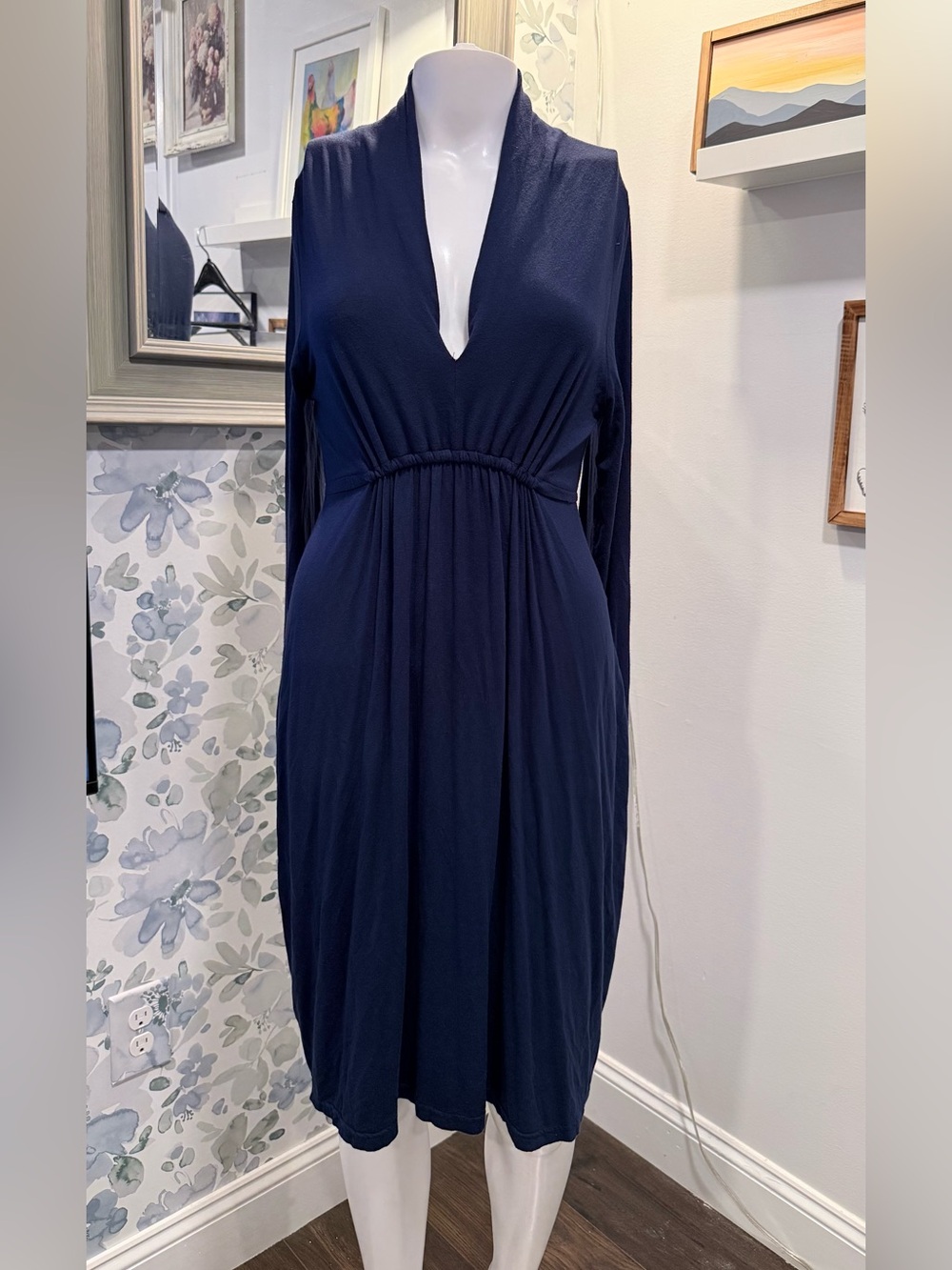 vfish Navy V-Neck Long Sleeve Gathered Waist Dress